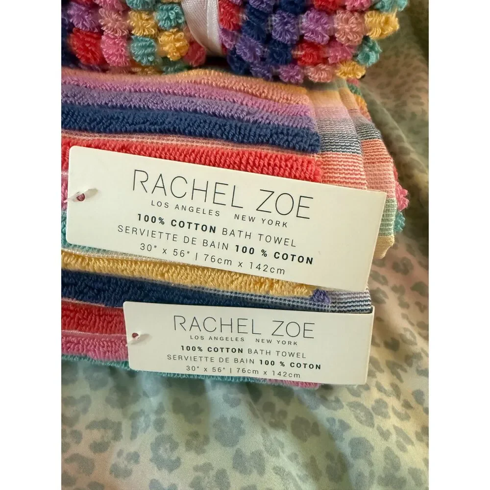 Rachel Zoe 100% Cotton Rainbow Stripe Bath & Hand Towel Set Colorful Luxury